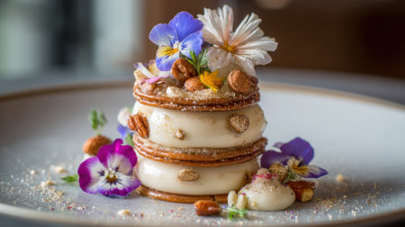 Layers of creamy dessert are stacked high, featuring nuts and edible flowers for decoration. The elegant presentation highlights the artistry of culinary creations at a fine dining location.の素材