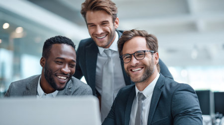 Three men in business attire are engaged in a friendly discussion while looking at a laptop screen in a contemporary office setting. Their expressions show enjoyment and teamwork.の素材