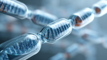 An intricate close-up view displays advanced genetic structures interconnected in a futuristic design. The molecular patterns highlight the beauty of science and technology.の素材