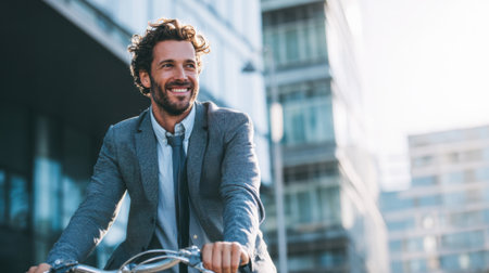 A young man rides his bicycle through an urban area, dressed in a suit and tie. He has a cheerful expression as he navigates the bustling streets on a sunny day.の素材