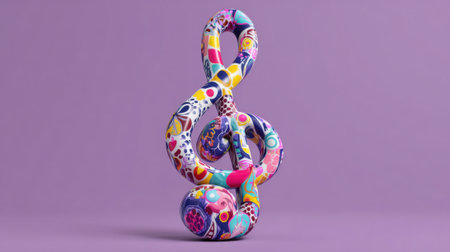 A unique treble clef sculpture stands prominently against a purple background, decorated with bright colors and intricate patterns. This artwork highlights creativity and musical inspiration.の素材
