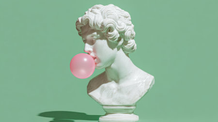 A classical marble bust of a young man is depicted blowing a large pink bubble gum. The striking contrast between the traditional sculpture and vivid background creates an engaging visual experience.の素材