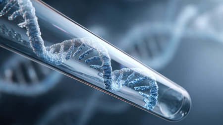 A close-up view of a test tube containing a DNA helix showcases the intricate design of genetic material. This experiment highlights advancements in molecular biology.の素材