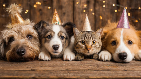 Four adorable pets, including dogs and a cat, gather around a rustic wooden table adorned with twinkling lights. Each wears a party hat, celebrating a joyful occasion together.の素材
