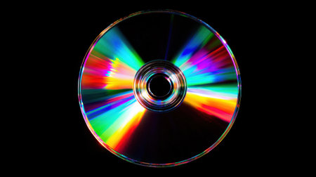 A shiny disc placed against a black surface reflects colors and creates vivid rainbow patterns. The light plays on the surface, showing a mesmerizing display of hues and contrasts.の素材