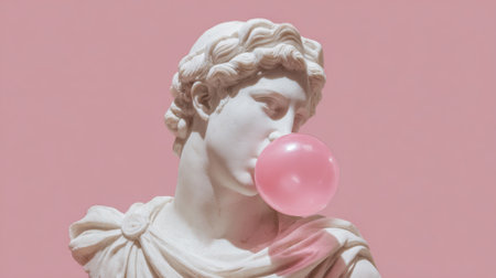 A marble statue reminiscent of ancient Greek art displays a young man blowing bubble gum, creating a striking contrast with the vibrant pink background. This unexpected pairing sparks curiosity.の素材