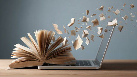 An open book on a wooden desk interacts with a laptop, visually representing the integration of classic literature and digital technology. Pages are bursting into the air.の素材