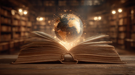An ancient book lies open on a rustic wooden table, revealing a glowing globe above its pages. The warm light illuminates the surrounding library filled with countless books.の素材