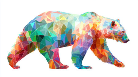 A geometric bear traverses a colorful landscape, its body composed of various triangles in multiple shades. This striking design emphasizes an artistic representation of wildlife.の素材