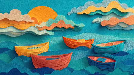 Whimsical paper boats in vibrant colors drift across playful waves, set against a backdrop of stylized clouds and a glowing sunset. The ocean scene evokes a sense of creativity and imagination.の素材