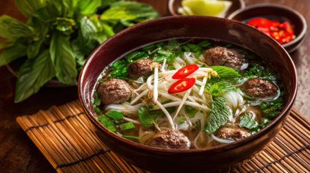 A rich bowl of beef noodle soup is filled with meatballs, fresh herbs, and sliced chili peppers, showing vibrant colors and textures. Fresh basil and lime add to the flavor.の素材