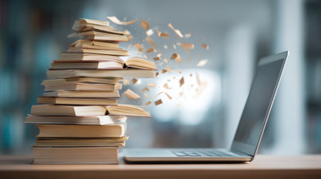 A cluttered stack of books spills onto a desk beside an open laptop, symbolizing the intersection of traditional study and modern technology in a creative workspace.の素材