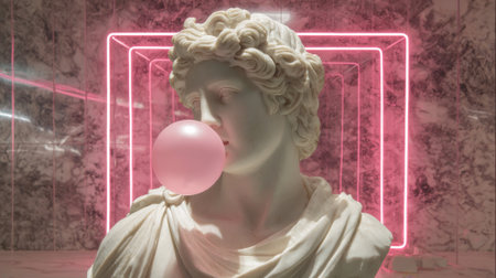 A marble sculpture of a young man elegantly chews bubble gum, contrasting with modern neon lights. The backdrop features a marble wall, creating a fusion of classic art and pop culture.の素材