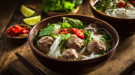 A cozy dinner setting showcases bowls of traditional Vietnamese pho filled with meatballs, rice noodles, fresh herbs, and lime slices. The warm ambiance invites a delightful dining experience.の素材