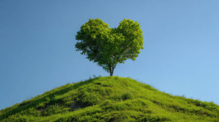A vibrant green tree shaped like a heart stands proudly atop a lush hill.の素材