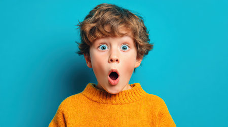 A young boy with curly hair shows a look of astonishment. He is wearing a bright yellow sweater and stands against a vivid blue backdrop, clearly amazed by something.の素材