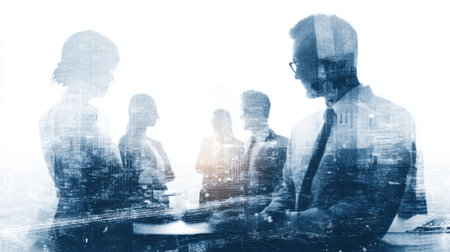 Business professionals gather for a strategic discussion in a conference setting, with a city skyline visible in the background as dusk approaches.の素材