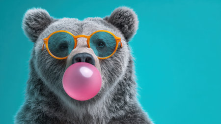 A bear is blowing a bubble with pink gum, sporting stylish orange glasses. The bright turquoise background enhances the playful and quirky vibe, captivating the viewer's attention.の素材