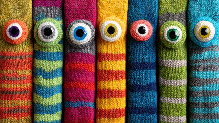 A variety of colorful striped socks shows playful eyes, arranged neatly in a row on a wooden surface. The socks feature different patterns and vibrant hues, creating a playful atmosphere.の素材