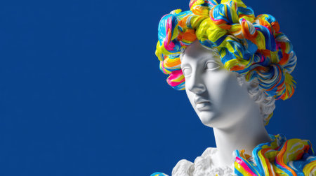A striking white sculpture adorned with vibrant, swirled colors on its hair sits against a solid blue background, blending classical and contemporary art styles in an eye-catching display.の素材