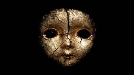 A detailed view of a collectible doll face showing cracks and imperfections, illuminated against a dark background, creating a haunting and intriguing atmosphere.の素材