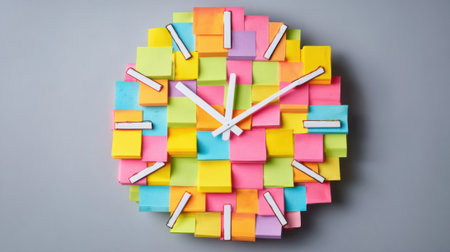 A clock designed using various sticky notes in bright colors showcases striking creativity. The time is clearly indicated with white hands against a vibrant background.の素材