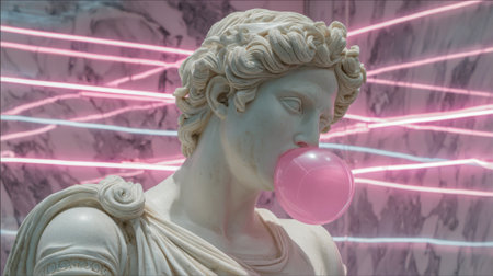 A marble statue of a youthful male figure chews pink bubble gum, contrasting with a vibrant, neon pink and white background in a contemporary art space.の素材