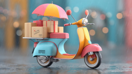 Delivery scooter stands out with a bright color scheme while balancing packages on its back, sheltered under an umbrella during a rainy day in a lively city.の素材