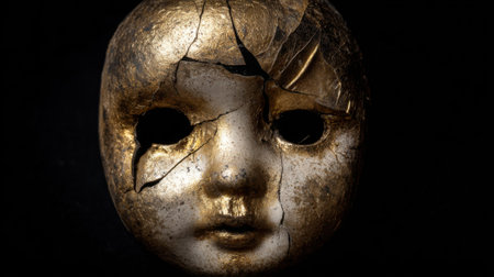 A detailed view of a cracked golden doll face with hollow eyes, set against a stark black background. The intricate features convey an eerie sense of history and nostalgia.の素材