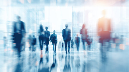 Groups of professionals move through a sleek office environment with large windows, reflecting an active workday filled with productivity and collaboration in a bustling city.の素材