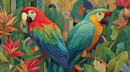 Two majestic macaws stand side by side, showcasing their vivid plumage against a lush backdrop of tropical plants and flowers, creating a lively atmosphere.の素材