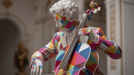 A vibrant sculpture of a cellist adorned in geometric patterns plays an instrument. Set in an art exhibition space, the scene celebrates creativity and musical expression.の素材