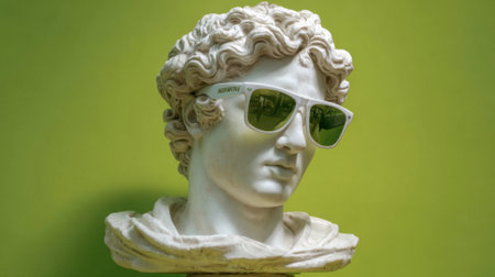 A marble bust of a historical figure is stylishly accessorized with reflective sunglasses, set against a bright green wall, combining traditional art with contemporary flair.の素材