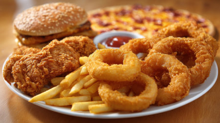 A colorful assortment of crispy fried chicken, golden onion rings, and cheesy pizza showcases a perfect meal for friends or family. The inviting atmosphere encourages enjoyment and connection.の素材