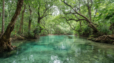 Crystal-clear waters sparkle beneath a canopy of vibrant green trees while nature thrives in peaceful harmony. Wildlife thrives in this enchanting forest oasis, inviting relaxation and exploration.の素材