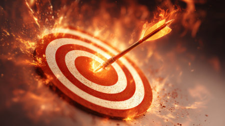 An arrow expertly hits the center of a target, igniting a fiery explosion. This intense moment captures the skill of the archer during an evening archery competition.の素材