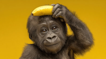 A young gorilla playfully balances a banana on its head, showing its curiosity and playful nature. The bright yellow background highlights the gorilla's expressive face and fur.の素材