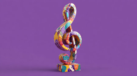 A vibrant treble clef sculpture stands against a rich purple background. The sculpture features a blend of colors and intricate patterns, highlighting artistic skills and musical themes.の素材