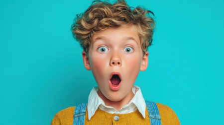 A boy with curly hair and a yellow sweater expresses astonishment with wide eyes and an open mouth. The vibrant blue background enhances its playful demeanor.の素材