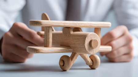 A person in a suit holds a finely crafted wooden airplane model, showing intricate details and craftsmanship in a professional environment. The setting emphasizes creativity and skill.の素材
