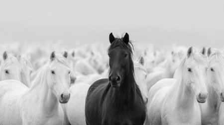 A striking black horse captures attention as it stands amid a large group of white horses in a foggy countryside. The serene morning atmosphere enhances this unique visual contrast.の素材