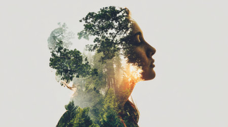A woman stands with her profile showing a blend of a lush forest and colorful sunset. The natural elements symbolize tranquility and connection with nature.の素材