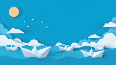 Brightly colored paper boats float gently on a tranquil blue sea.の素材