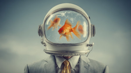 An astronaut stands in a suit with a helmet filled with water and goldfish, creating a surreal visual against a cloudy sky, merging the themes of space and nature.の素材