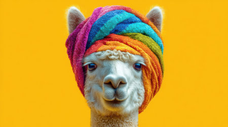 A cheerful alpaca poses with a colorful, striped turban on its head, set against a bold yellow background. The playful expression adds to the vibrant atmosphere of this colorful scene.の素材