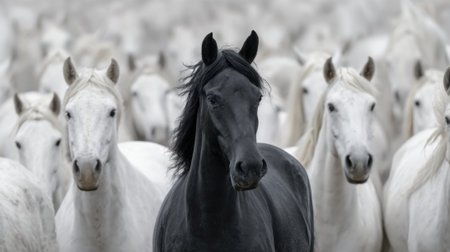 In a tranquil pasture, a striking black horse confidently stands among a herd of white horses. The cloudy backdrop enhances the serene atmosphere of the setting.の素材