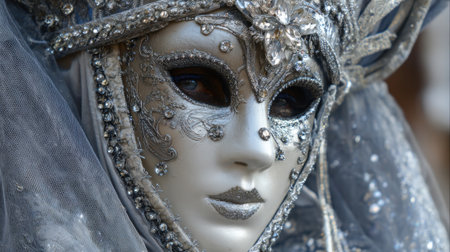 A participant showcases a stunning silver mask adorned with jewels and intricate designs at a vibrant cultural festival taking place in a historical setting during daytime.の素材