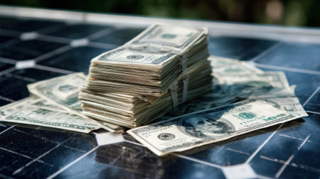 A significant stack of dollar bills is placed carefully on a solar panel, symbolizing the intersection of renewable energy and financial prosperity during daylight.の素材