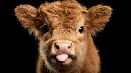A young calf with fluffy fur and big eyes playfully sticks out its tongue while positioned in front of a black backdrop, creating an endearing atmosphere during the studio shoot.の素材
