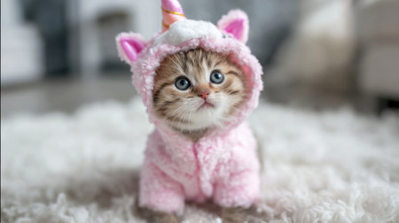 A fluffy kitten in a pink unicorn outfit stands on a soft rug, curiously looking around the cozy living room filled with natural light and a warm atmosphere.の素材
